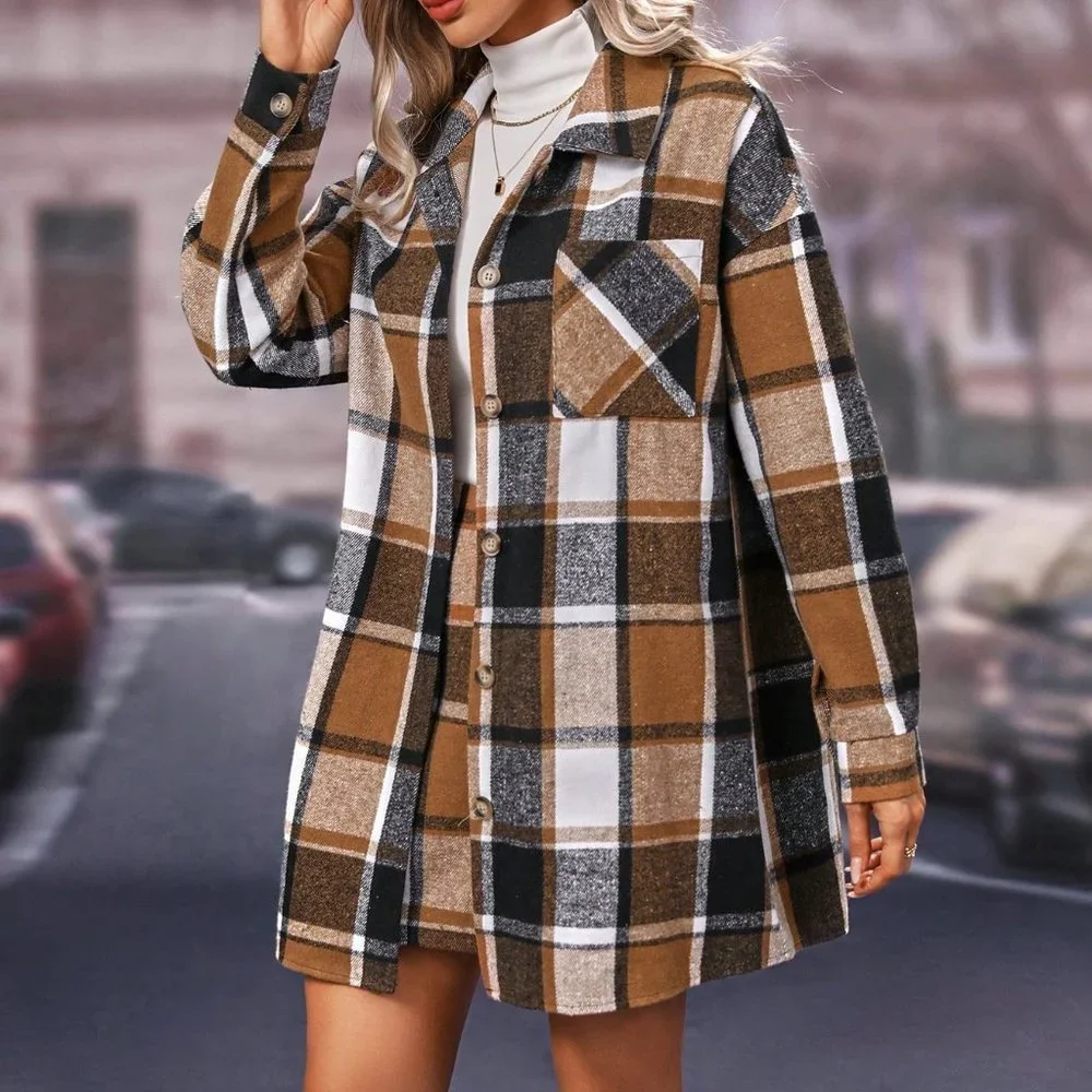 Khaki Casual Womens Check Pattern Drop Shoulder Button Front Jacket And Skirt - Picture 4 of 5